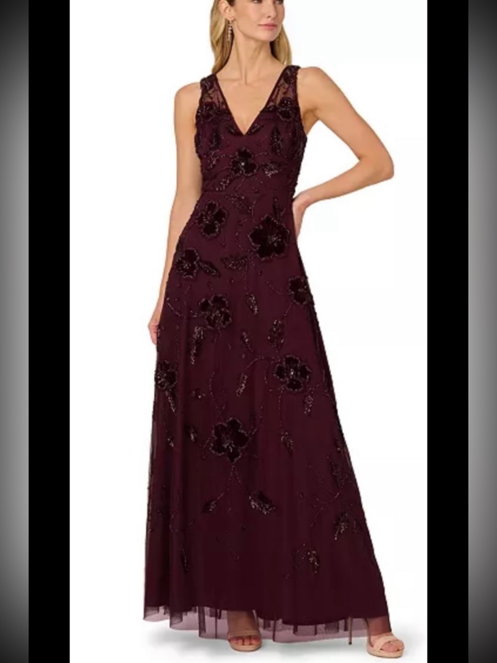 Adrianna Papell Velvet Floral Beaded Mesh Gown,sz 8, Purple,New,No Missing Beads